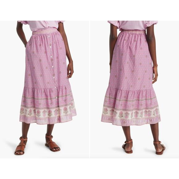 NWT Xirena Taryn Pink Floral Silk/Cotton A-line Peasant Button Midi Skirt, sz M - Picture 1 of 8
